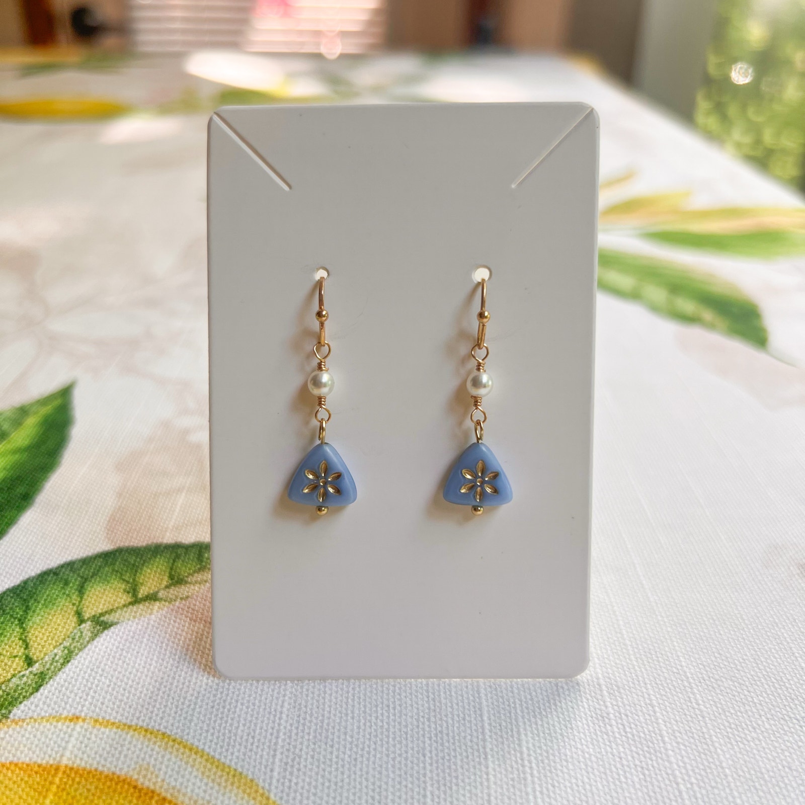 Blue Floral Triangle Shape Czech Glass Pearl Flower Dainty Cottagecore Earrings